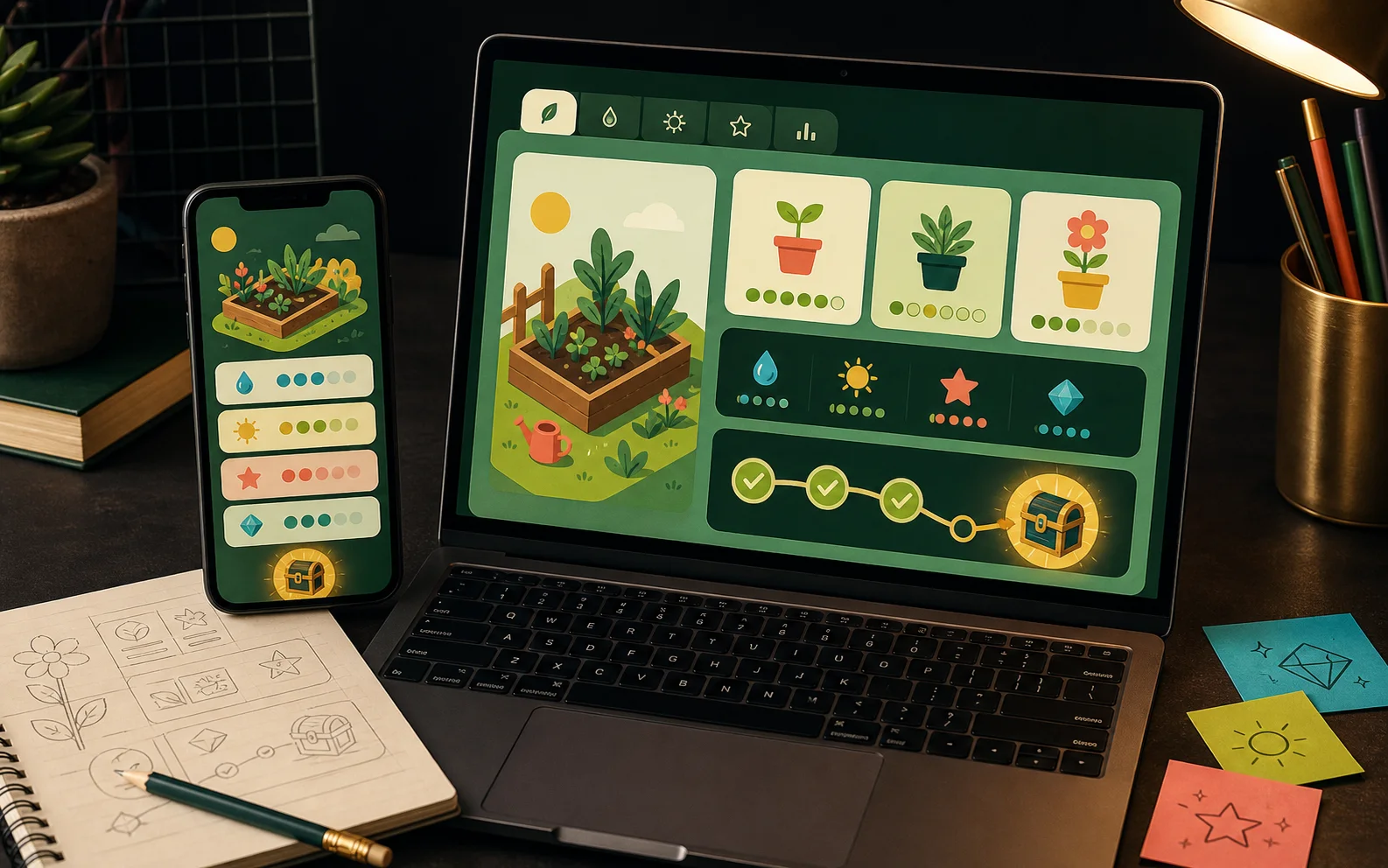 A colorful teen-created garden tracker app shown on a laptop and phone